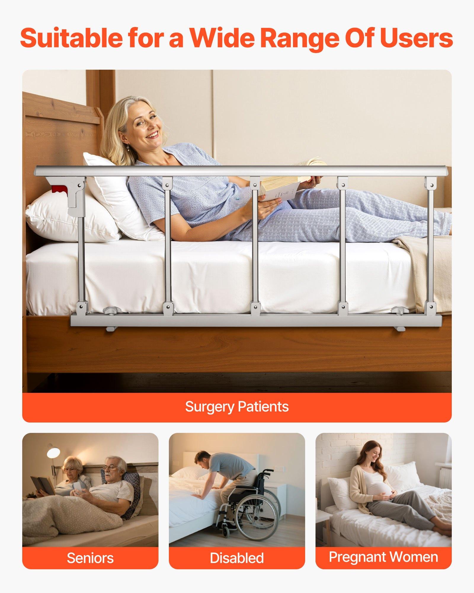 VEVOR Foldable Bed Rail for Elderly, 48 in Bedside Assist Rail with Fixing Strap, Adjustable Height Pipe Bedside Cane, High-Strength Metal Senior Bed Bar, Hand Guard Grab Fits King, Queen, Full, Twin