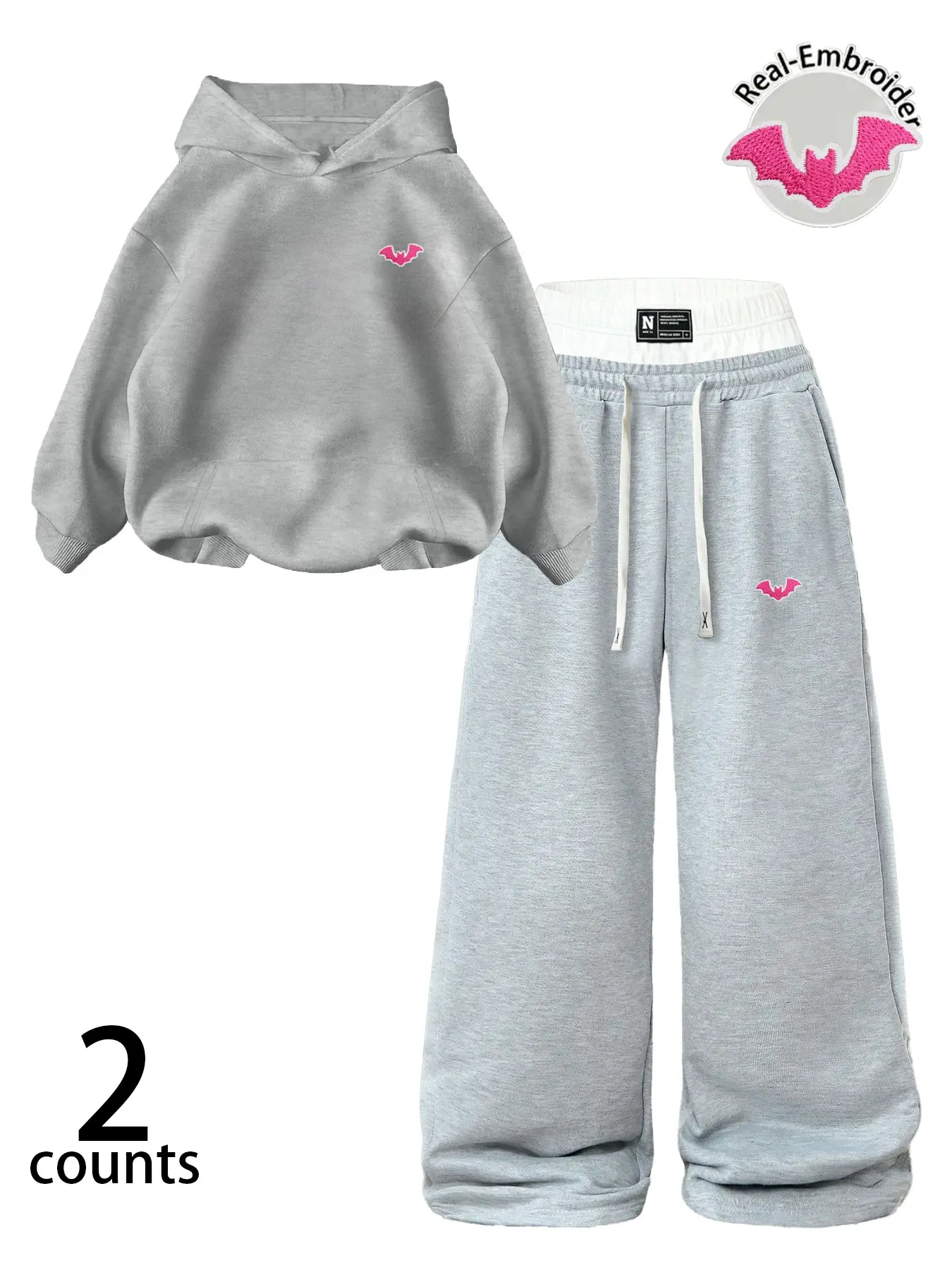 Goth Y2K Loose Tracksuit Set, Oversized Hoodie with Hot Bat Embroidery, Wide Leg Sweatpants, Casual Streetwear for Teens