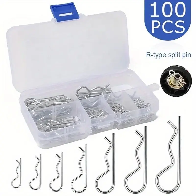 1 Box, Including 100pcs Heavy Duty Zinc Plated R-Type Split Pins - Hitch Pin Assortment Kit - Steel, R-Type, Cotter Pins, Wave Latch Bolt Locking Pins, Tractor Clips, Mechanical Hitch Pins, Carbon Steel