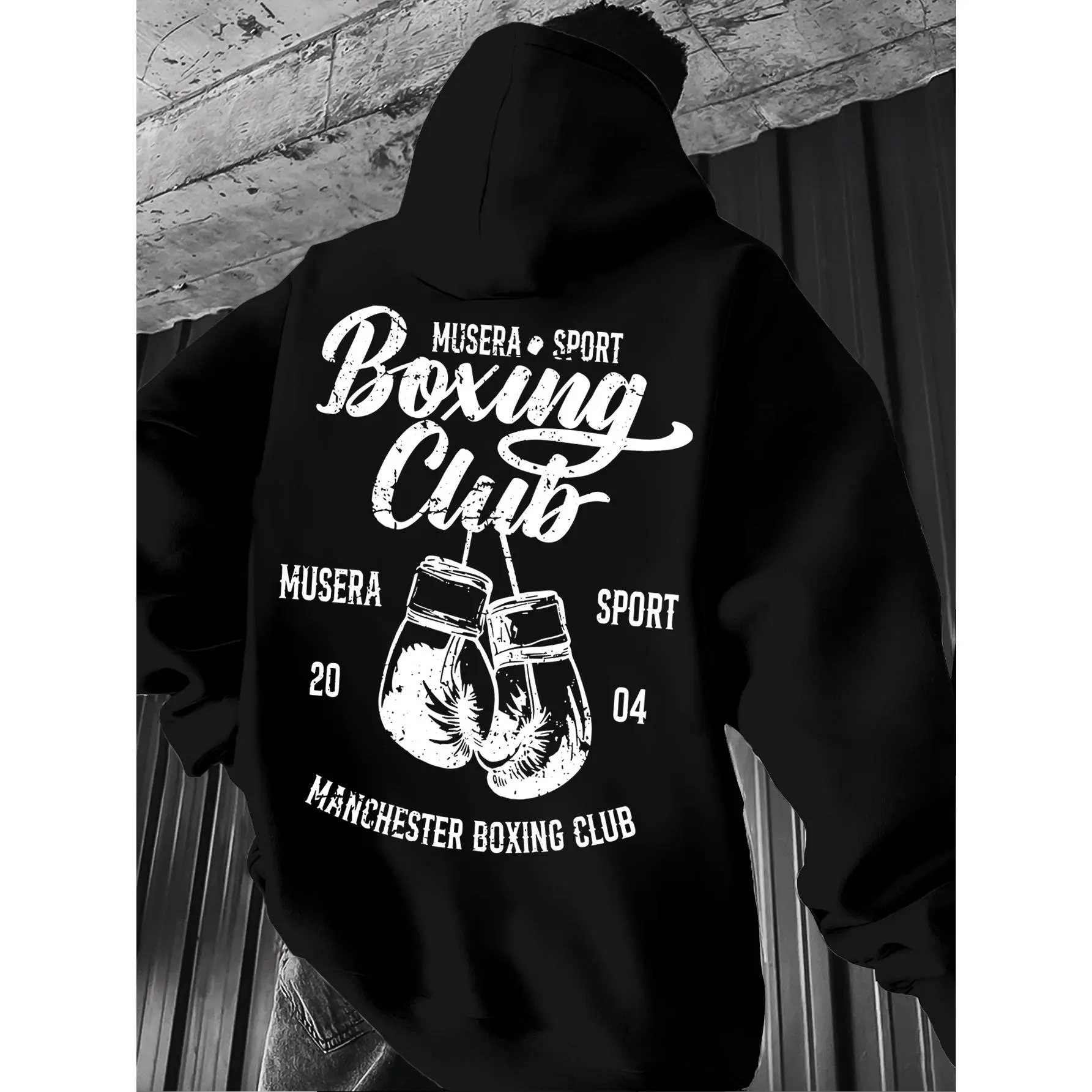 Men's boxing-inspired, powerful, retro-style, hardcore hooded sweatshirt, long-sleeved pullover, slightly stretchy, knitted polyester fabric, classic men's hoodie.