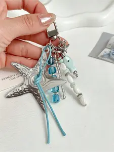 Coastal Cowgirl Starfish Bag Charm - Silver Starfish & Blue Beaded Keychain, Ocean Themed Purse Pendant, Summer Y2k Indie Nautical Accessories For Women, Silver Spiral Starfish Bag Charm, Blue Crystal & Fish Beaded Purse Pendant, Boho Backpack Charm For V