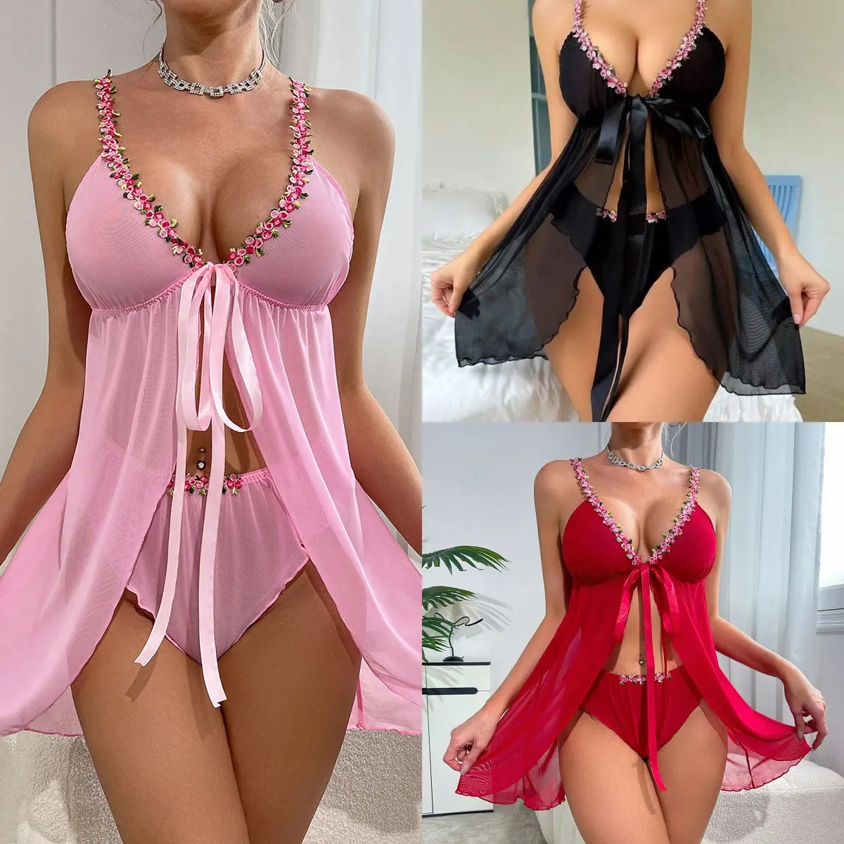 Women's Floral Mesh Satin Cami Lingerie Set - Split Hem, Bow Detail, Mesh Overlay, Loungewear House Dress, Nightwear, All-Season Multi-Size Cami Set (XXL)
