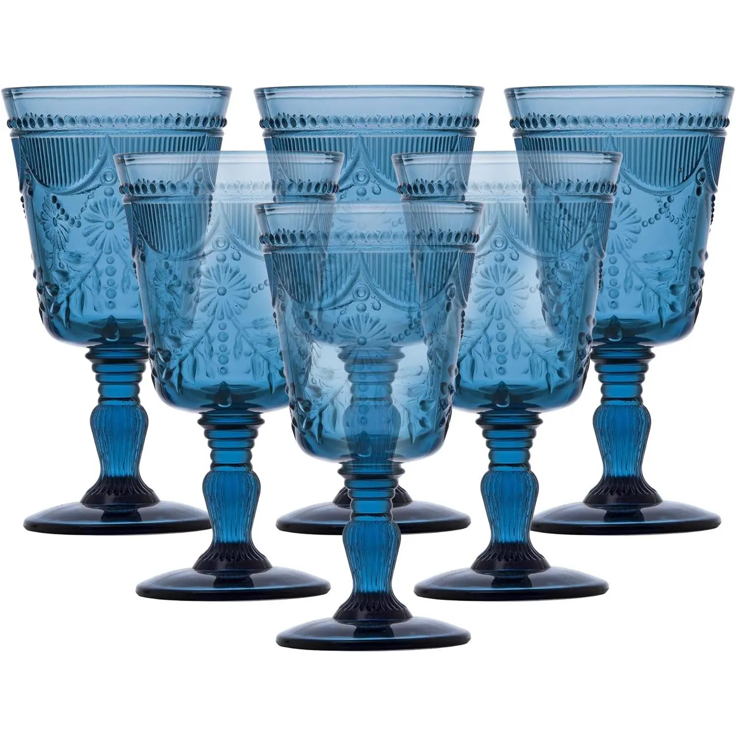 Debutante Vintage Themed Glassware, 10 Ounce Water Goblets (Set of 6), Dishwasher-Safe Water Glasses, Cornflower Blue