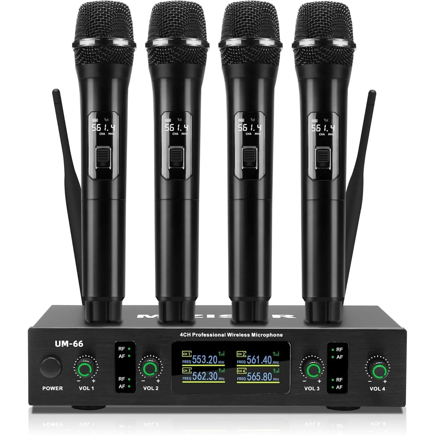 UHF  Microphone Systems, 4 Channels Cordless Handheld Dynamic Karaoke Mic Set, Auto Connect 300ft Range Transmission for Singing, Karaoke, DJ Party, Church, Wedding, PA Speaker