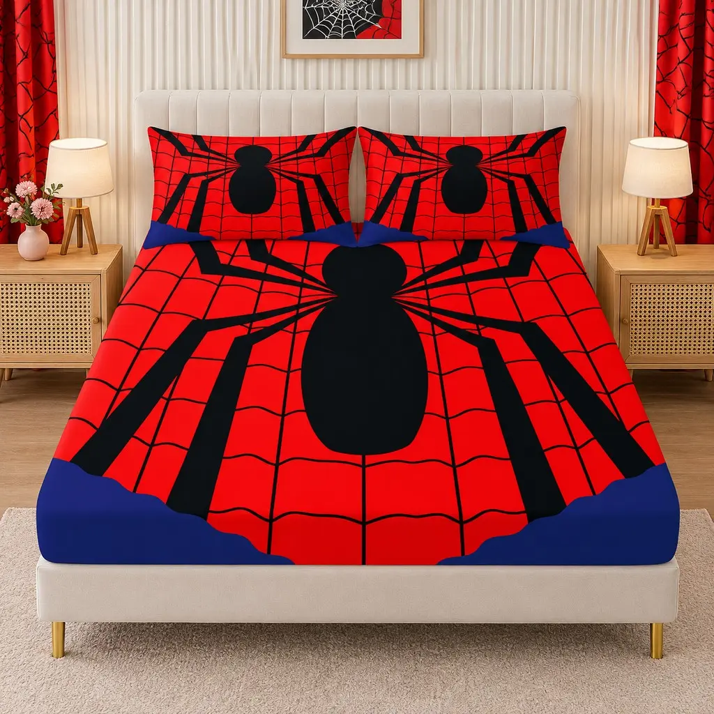 3pcs Black Spider Pattern Fitted Sheet Set, includes 1 fitted sheet & 2 pillowcases (no inserts), deep pocket all-around, durable & fade resistant, minimalist style, create simple home decor for bedroom