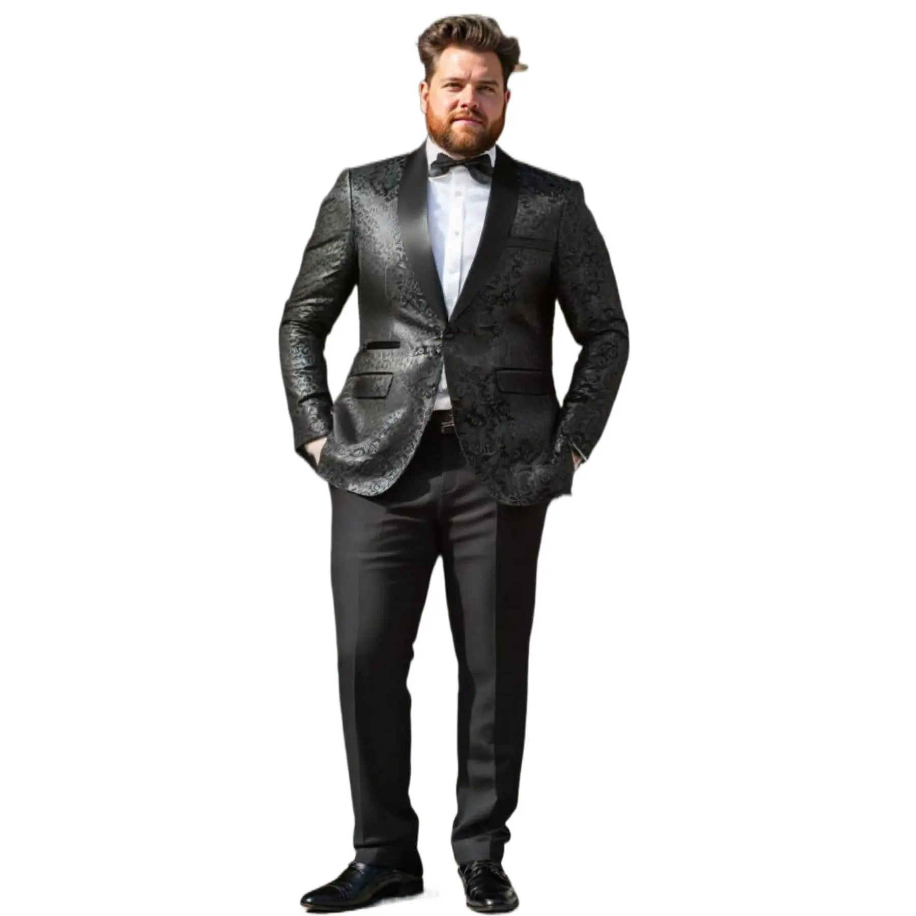 Big & Tall Men's 2-Piece Classic Jacquard Tuxedo Suit - Soft Satin Touch Shawl Lapel Button Blazer, Full-Length Straight Pants, Bow Tie Incl., Polyester-Rayon Fabric, Structured Cut 3XL Fitted Menswear for Weddings, Proms, Dry Cleaning Only, Buttons