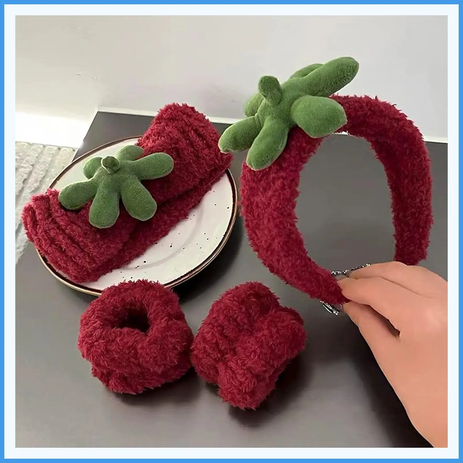 4Pcs Strawberry Spa Headband Set, Cute Skincare Hair Band & Wristband