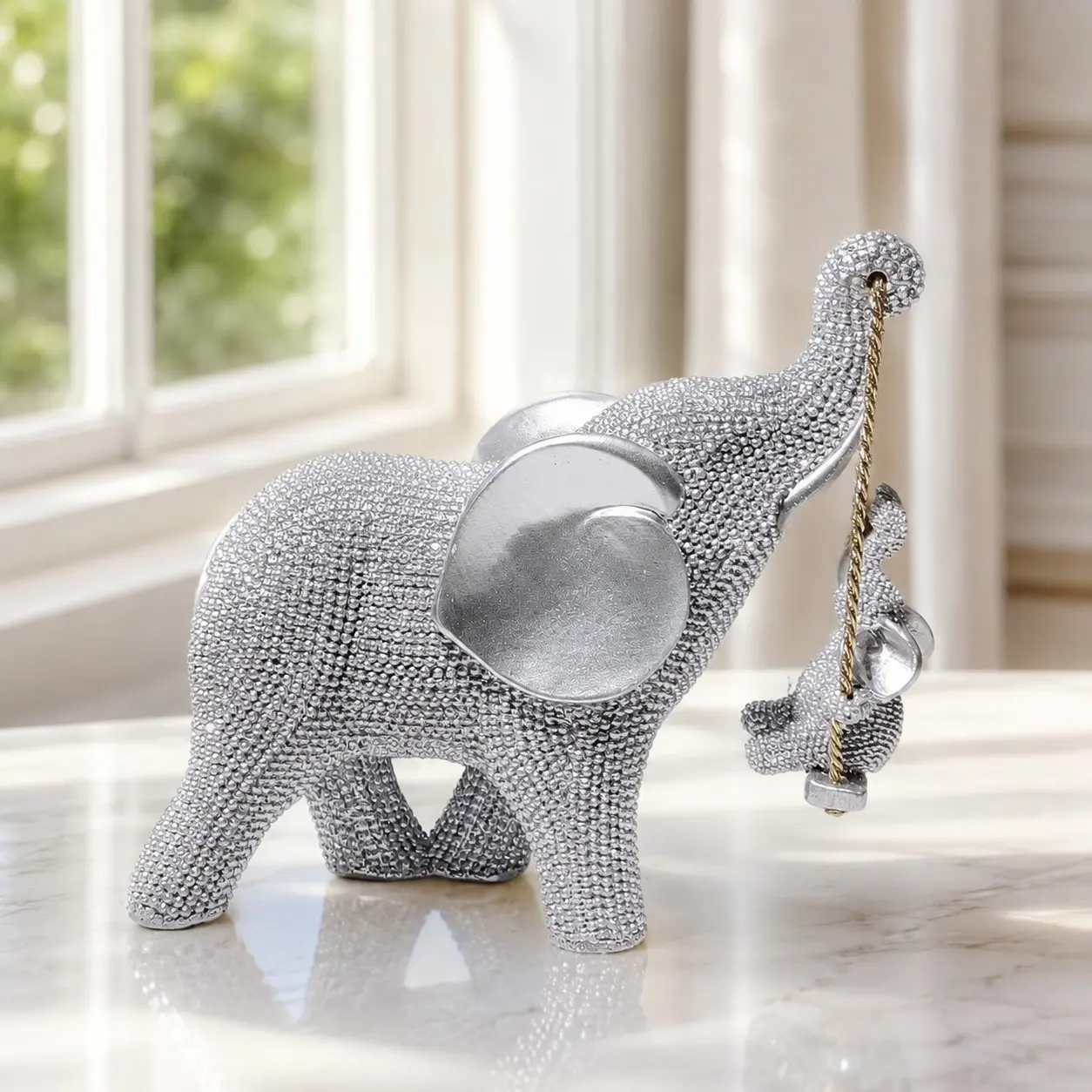 Luxury Gold and Silver Color Resin Elephant Swing Sculpture, Home Decor for Living Room, Entryway, Desktop, High-End Craftsmanship