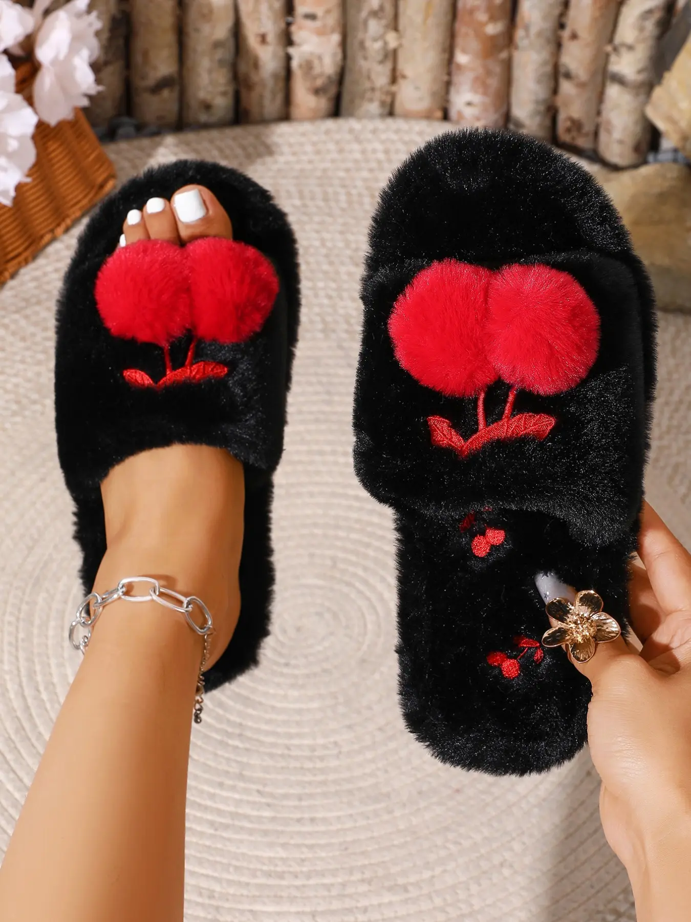 Cute Cherry Ball Embroidered Slippers, Soft Textile Eva Sole, Casual Comfortable Design, Ideal for Home & Light Outdoors, Cozy Indoor Slides