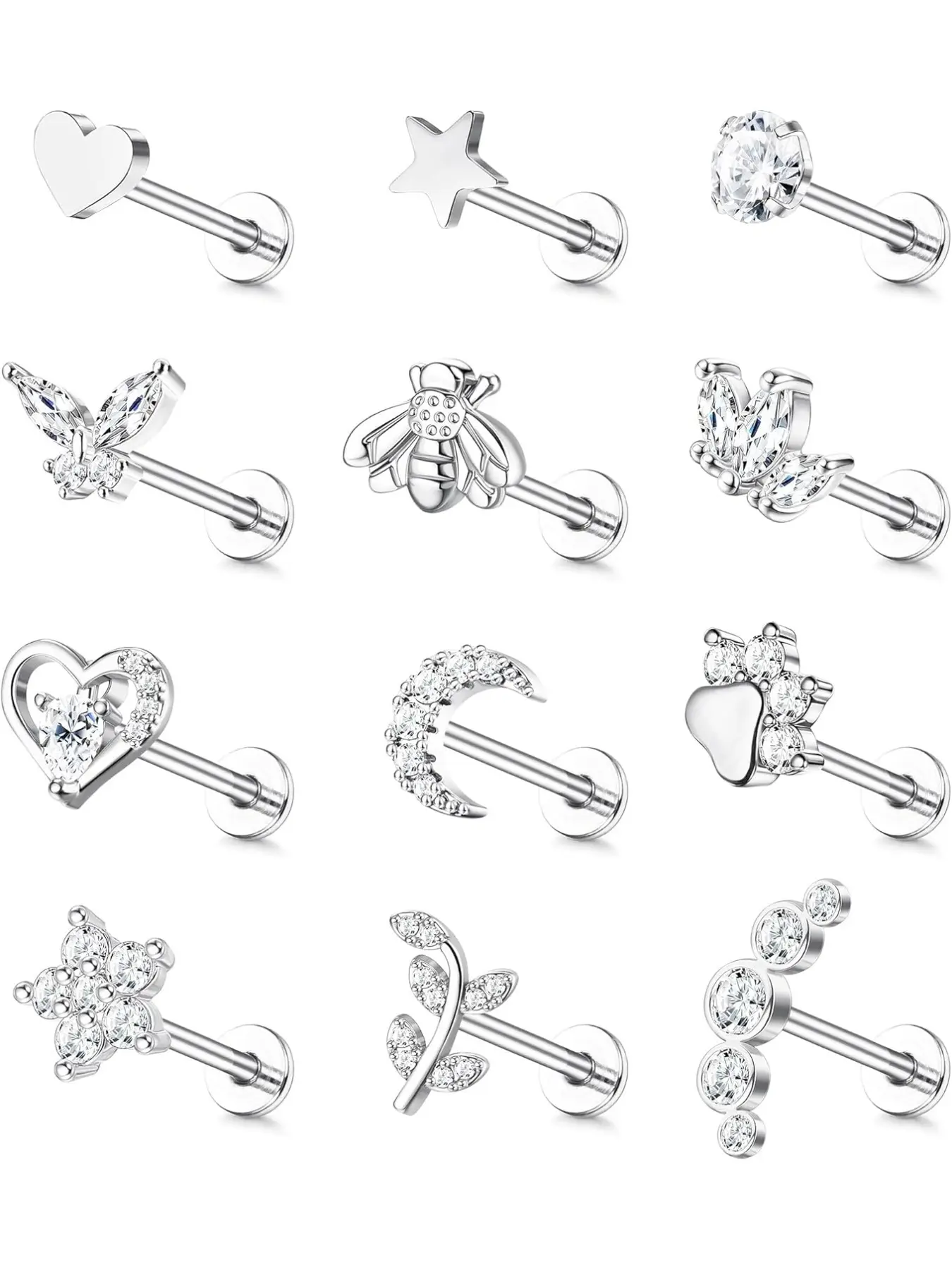 12Pcs 16G Cartilage Jewelry Tragus Earrings for Women Men Surgical Steel Internally Threaded CZ Moon Heart Star Leaf Nose Labret Medusa Piercing Stud Tragus Helix Piercing Jewellery