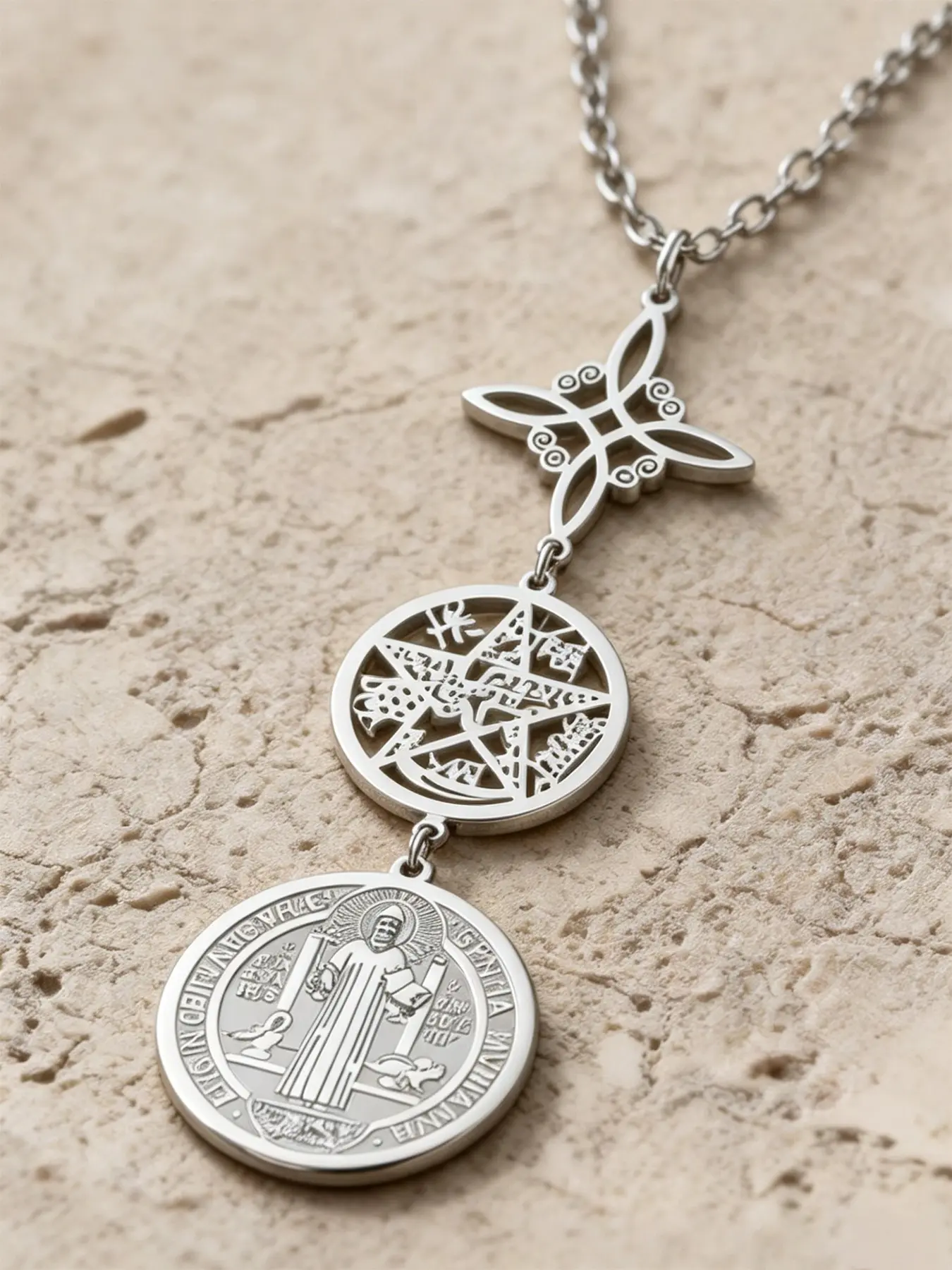 1 Piece Triple Protection Necklace With Witch Knot Pentagram Tetragrammaton St. Benedict Stainless Steel Spiritual Symbol Amulet Pendant Jewerly