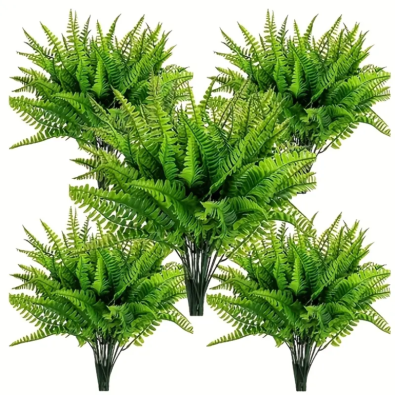 Decorative Realistic Leaves Artificial Boston Fern Set - 10-Piece UV-Resistant Durable Plastic Plants - Ideal for Hanging Baskets - Great Mother’s Day Home Decor Gift