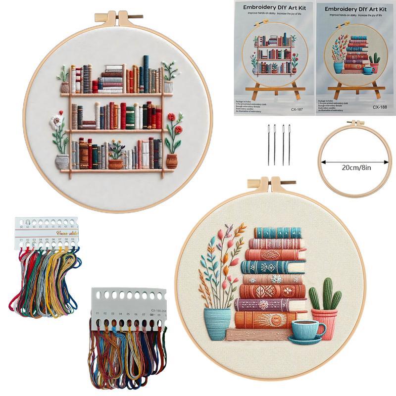 Book & Potted Plant Embroidery Kit, DIY Cross Stitch Set for Beginners, Includes Tools and Supplies for Creative Crafting