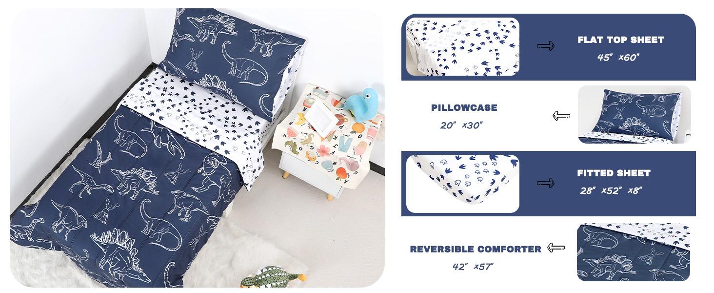4 Pieces Dinosaur Toddler Bedding Set for Boys, Soft Breathable Toddler Comforter Set, Dino Print Navy, Includes Reversible Comforter, White Fitted Sheet and Flat Sheet, Pillowcase 4 Pieces Dinosaur Toddler Bedding Set for Boys, Soft Breathable Toddler Comforter Set, Dino Print Navy, Includes Reversible Comforter, White Fitted Sheet and Flat Sheet, Pillowcase