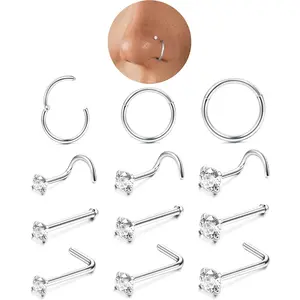 MILACOLATO 12Pcs 18K Gold Nose Ring Stud 316L Surgical Steel Nose Piercing Jewellery CZ Inlaid L-Shape Nose Studs Nose Screws Stainless Steel Nose Septum Rings Hoop Nose Piercings for Women Men 18/20G