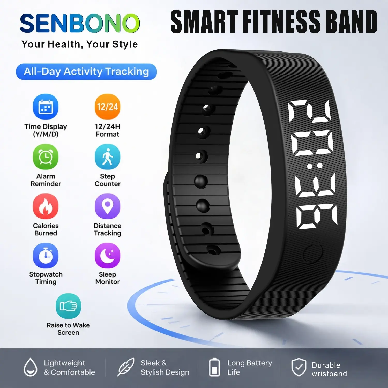 New smart bracelet with liquid silicone strap, comfortable to wear, time display, alarm clock, step counter, calories, mileage, height, weight, stopwatch timing, sleep recording, hand up display, sports bracelet, ideal gift for men and women.