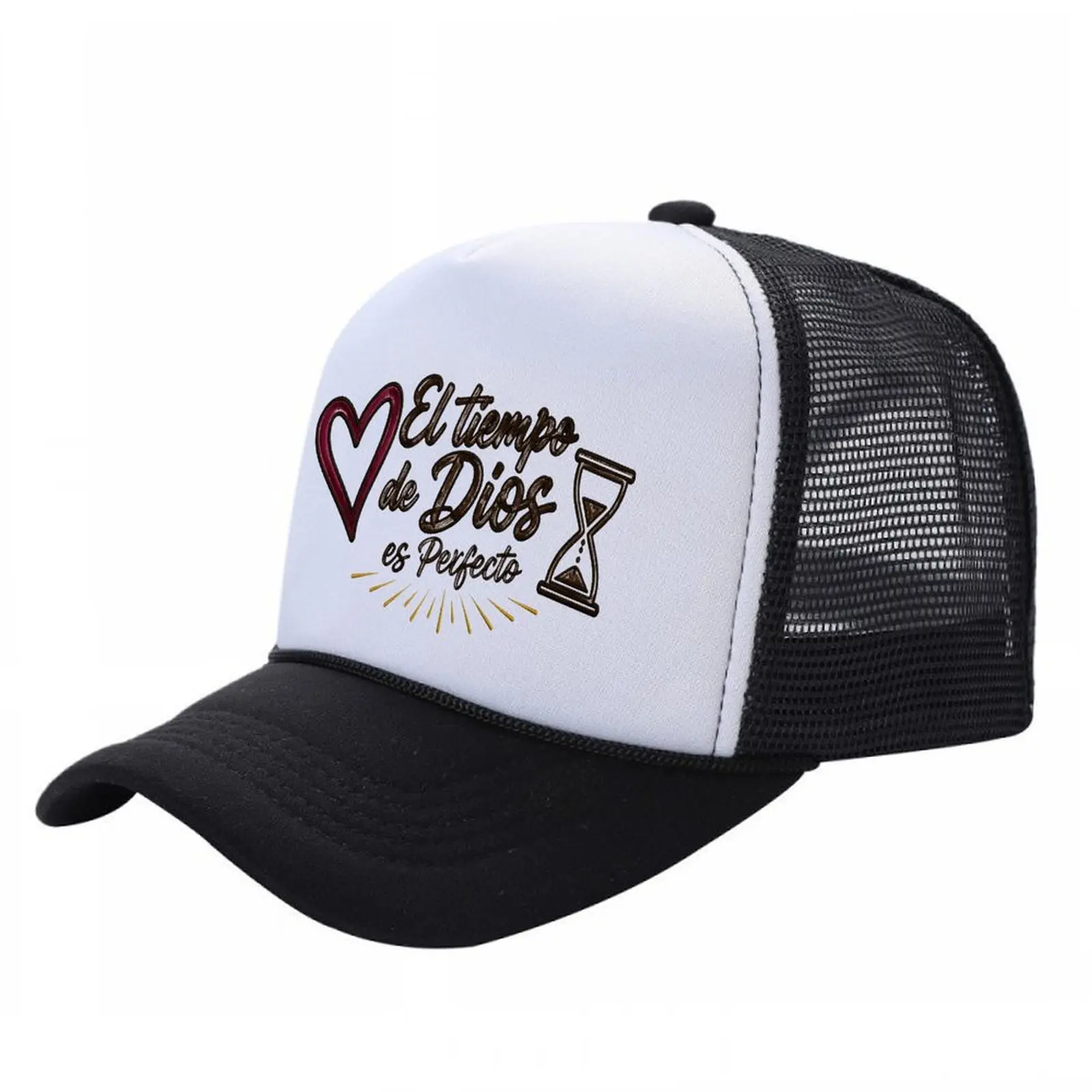 Unisex God's Timing Is Perfect Spanish Faith Trucker Hat - Curved Brim, El Tiempo de Dios es Perfecto Quote, Hourglass Graphic, 1 Size, Funny Hat, Heat Transfer, Believers, Buckle, Gorras Premium, Beach Essential, Trendy Casual Birthday Gift, One Size, Po