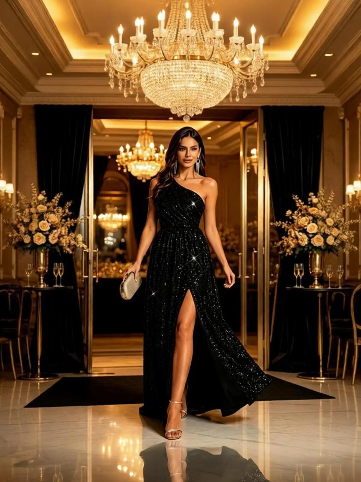 Women's Black Shimmering 1-Shoulder Formal Prom Ball Gown - Elastic Waist, High Slit, Floor-Length Draped Evening Dress for Cocktail Parties, Red Carpet Events | Womenswear Basic sohochic