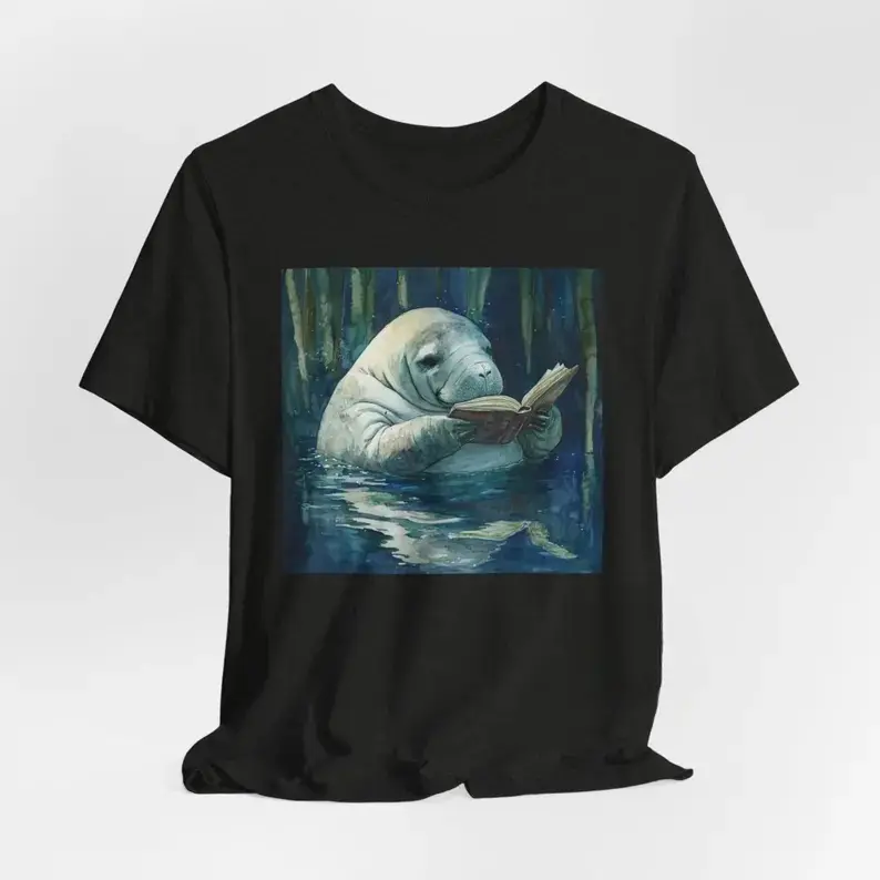 Manatee Reading Book Watercolor Graphic Oversized Comfort Cotton Outfit T-Shirt, Cute Animal Fashion Tee, Best Valentine Holiday Gift For Him Her Lover Family Friends, Gentle Present For Book Lovers
