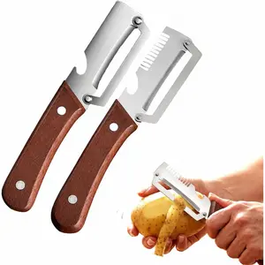 Roselli Wooden-Handled Stainless Steel Cabbage Cutting Shredder and Veggie Peeler, Multifunctional Vegetable Peelers for Kitchen, Stainless Steel Peeler Knife with Wooden Handle & Bottle Opener (Shredder/Paring knife)