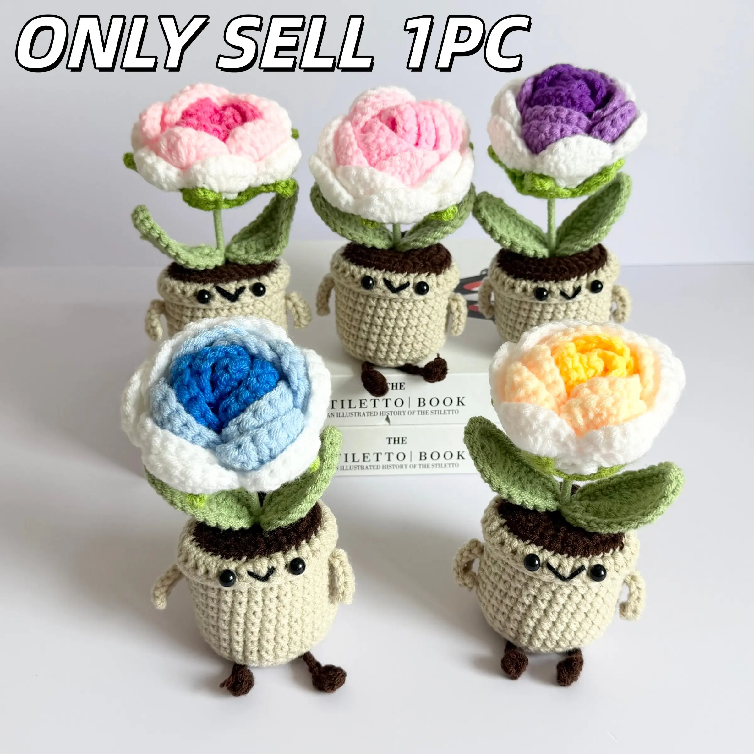 1PC Cute Handmade Crochet Rose Potted Doll with Cartoon Face, Multi-color Gradient Yarn Flower Pot Ornament, Aesthetic Decor, Perfect Gift for Girls on Birthdays and Holidays