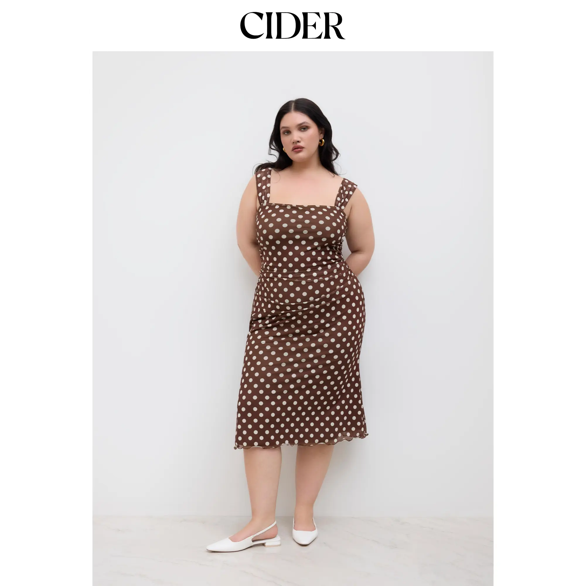 Women's Size 0-24 Mesh Square Neck Polka Dot Ruched Casual Midi Cider Dress SummerFinds