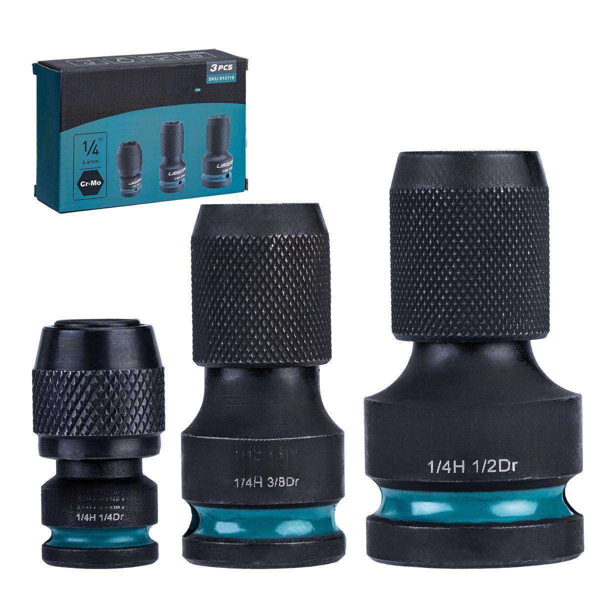 Impact to 1/4 Hex Converter, 1/2 3/8 1/4-INCH Drive Female to 1/4-Inch Hex Adapter, Impact Wrench Adapters for Ratchet Wrench Drivers, Impact Bit Holders, Quick-Change Chuck, Cr-Mo Steel