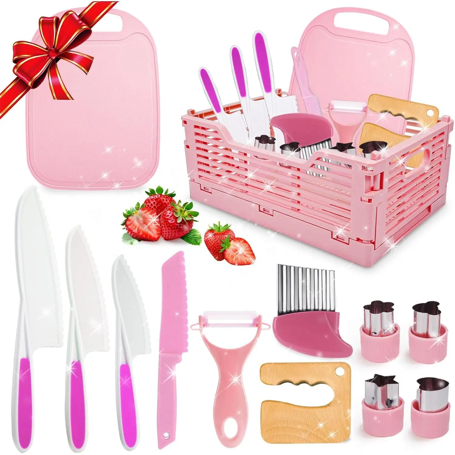 Kids Kitchen Knife Set with Real Cooking Tools & Basket, Montessori Toys for 3-10 Year Old Girls, Toddler Birthday Gift Kit, Kitchen Tools, Girl, 3+ Years, Toddler Kitchen Tools