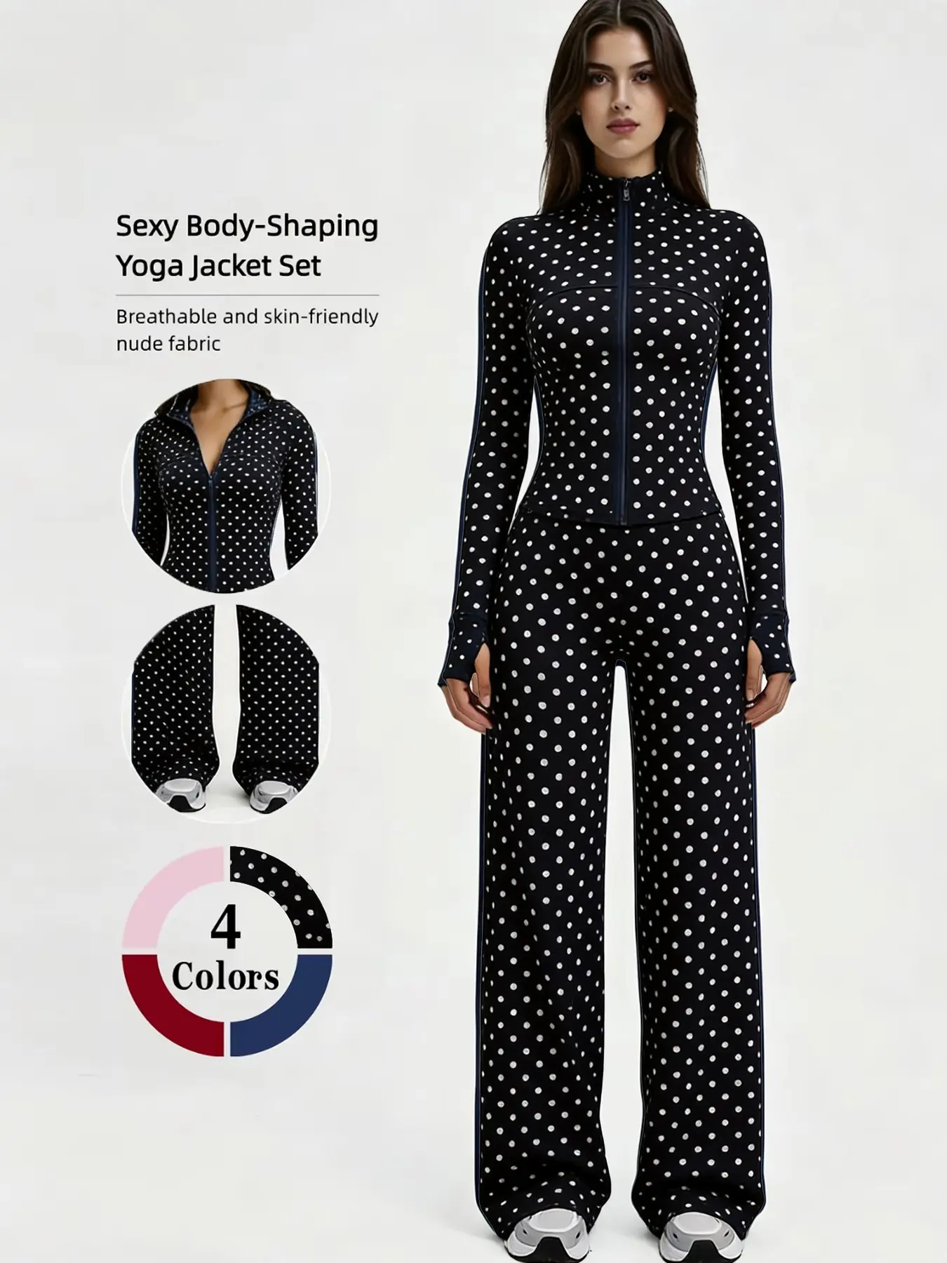 Women Polka Dot 2 Piece Tracksuit, Zip Up High Neck Crop Jacket, Wide Leg Pants, Sporty Fitted Suit, All Seasons Workout Yoga, Athletic Workout Set