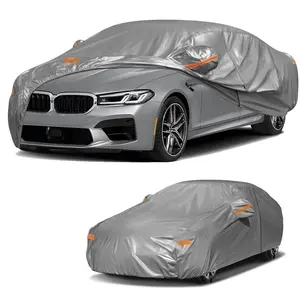 Silver Cotton Lined Car Cover, Waterproof UV Snow Dust Auto Protector, Orange Reflective Strips, Door Zipper, Windproof Straps & Lock, Sedan & SUV All Weather Vehicle Cover