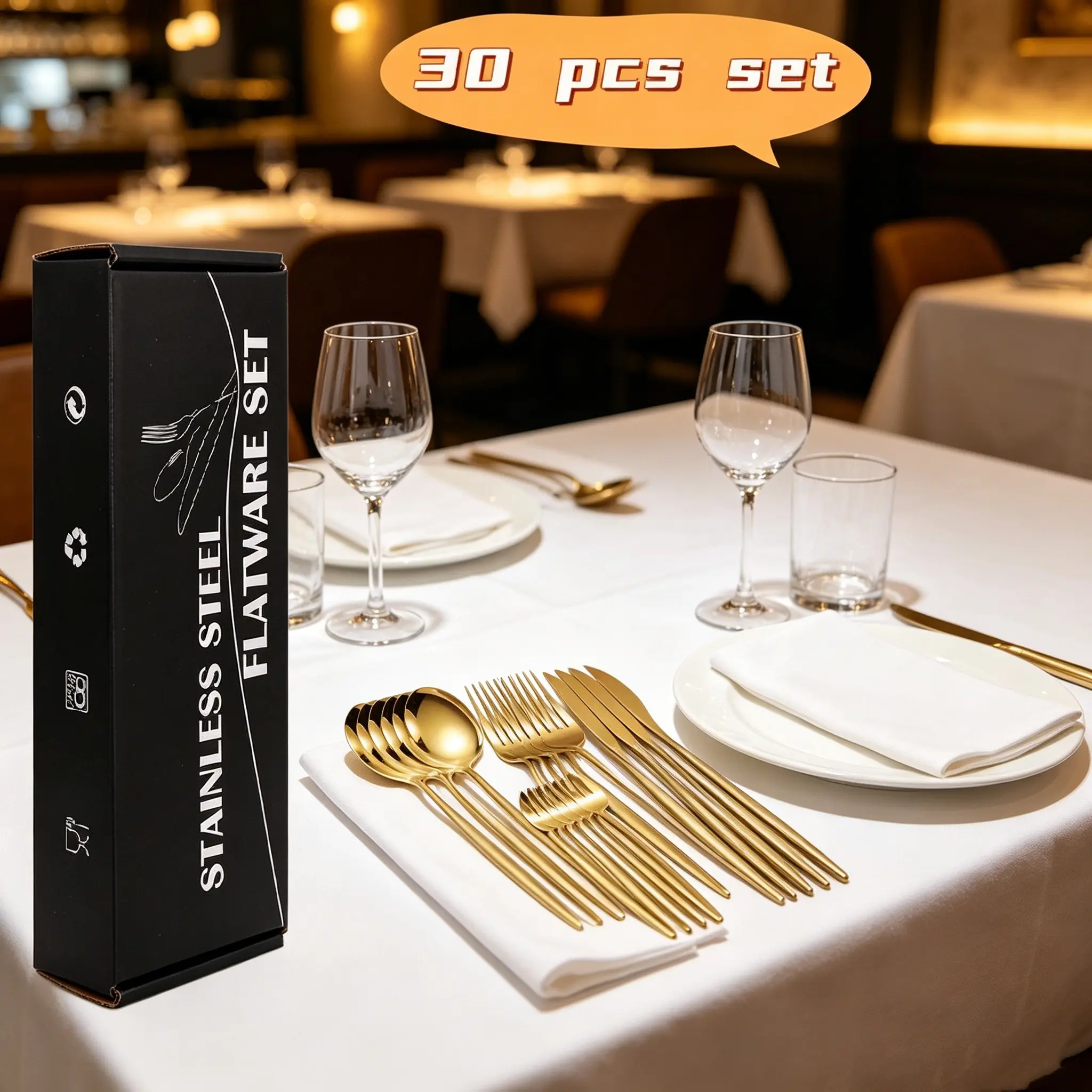 30-Piece Portuguese Stainless Steel Cutlery Set, Luxury, Thickened Corrosion-Resistant, Gift Box, Ideal for Home & Parties