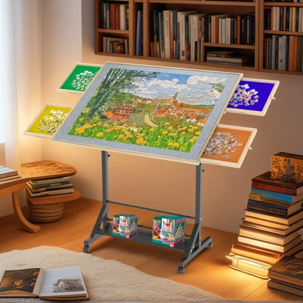 1500 Piece Wooden Puzzle Table with Drawer, 35" x 27.17" Adjustable Jigsaw Puzzle Board, 360° Rotating Tilting Puzzle Table with Legs & Wheels, Adjustable Height and Angle Puzzle Mat, Portable Puzzle Desk for Adults, Kids & Family, Protective Cover Includ