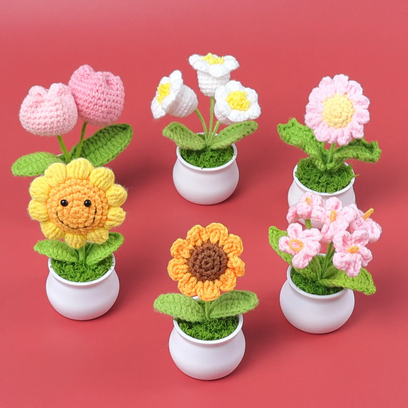 Back to School Handmade Yarn Artificial Flower Table Decor, Sunflower Lily Tulip Forget-Me-Not Potted Ornaments, Cute Desktop Knit Floral Gift for Teachers, Office Desk & Seasonal Campus Decor