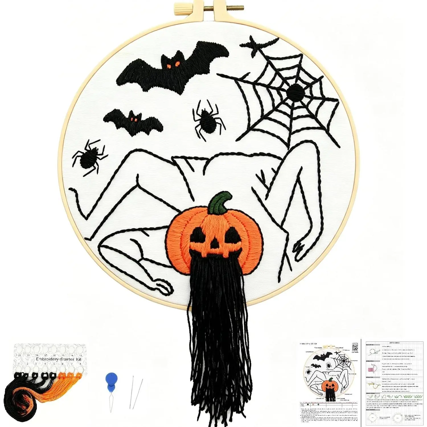 Halloween Embroidery Kits for Beginners Adults, Spooky Spider Bat Embroidery Kits, Stamped   Kits Needlepoint Kits for Adults Woman Halloween Gifts, Embroidery Hoop, Thread, Video Tutorial