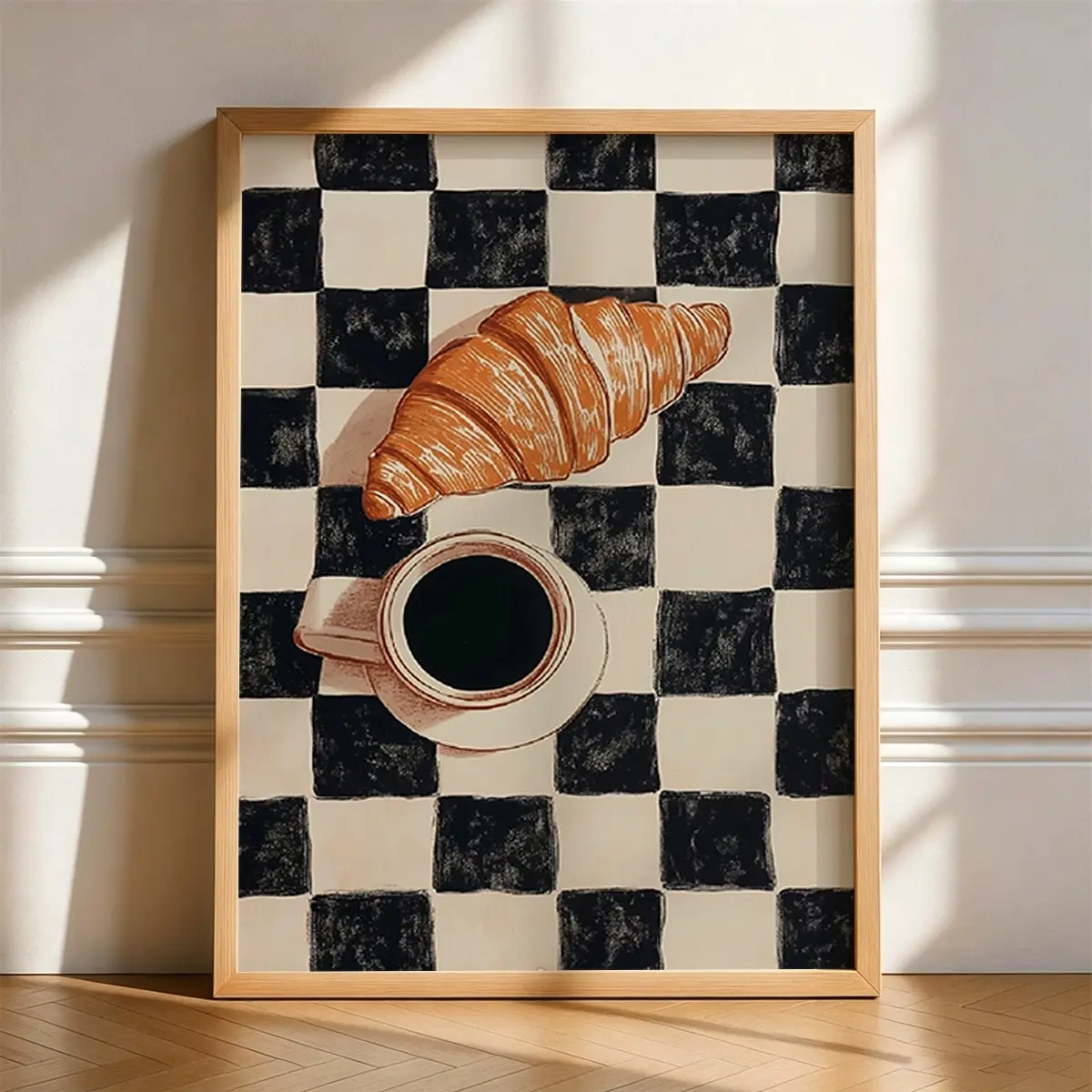 1pc Framed/Unframed wall art, plaid coffee and croissant pattern, trendy food poster, croissant and coffee pattern, coffee cup wall art, retro kitchen pattern, birthday graduation gift, canvas printed matter.