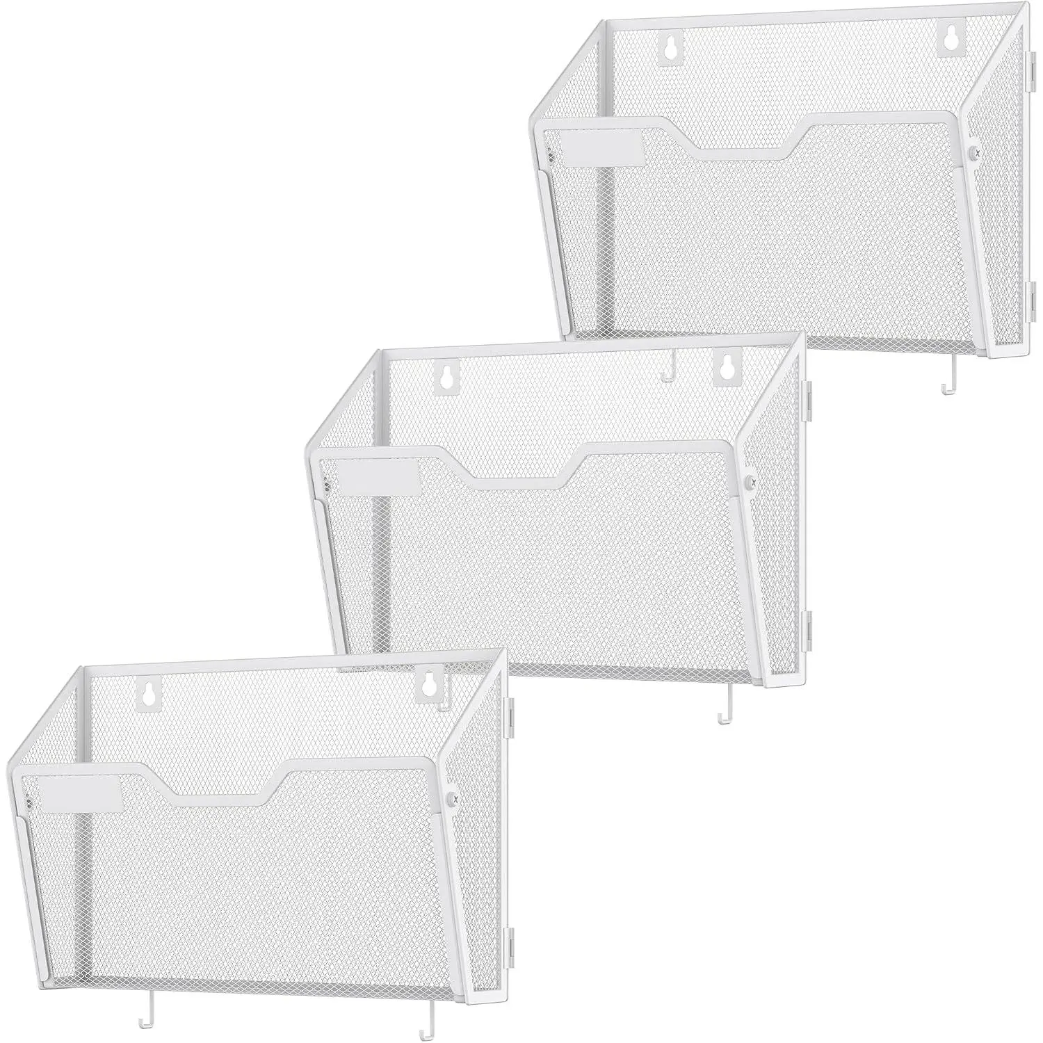 3 Pack Modern Metal Mesh Vertical Filing Wall File Holders with Hooks & Keyhole Slots - White Space-Saving Paper Document Organizer Cluster for Office, School, Utility Hooks