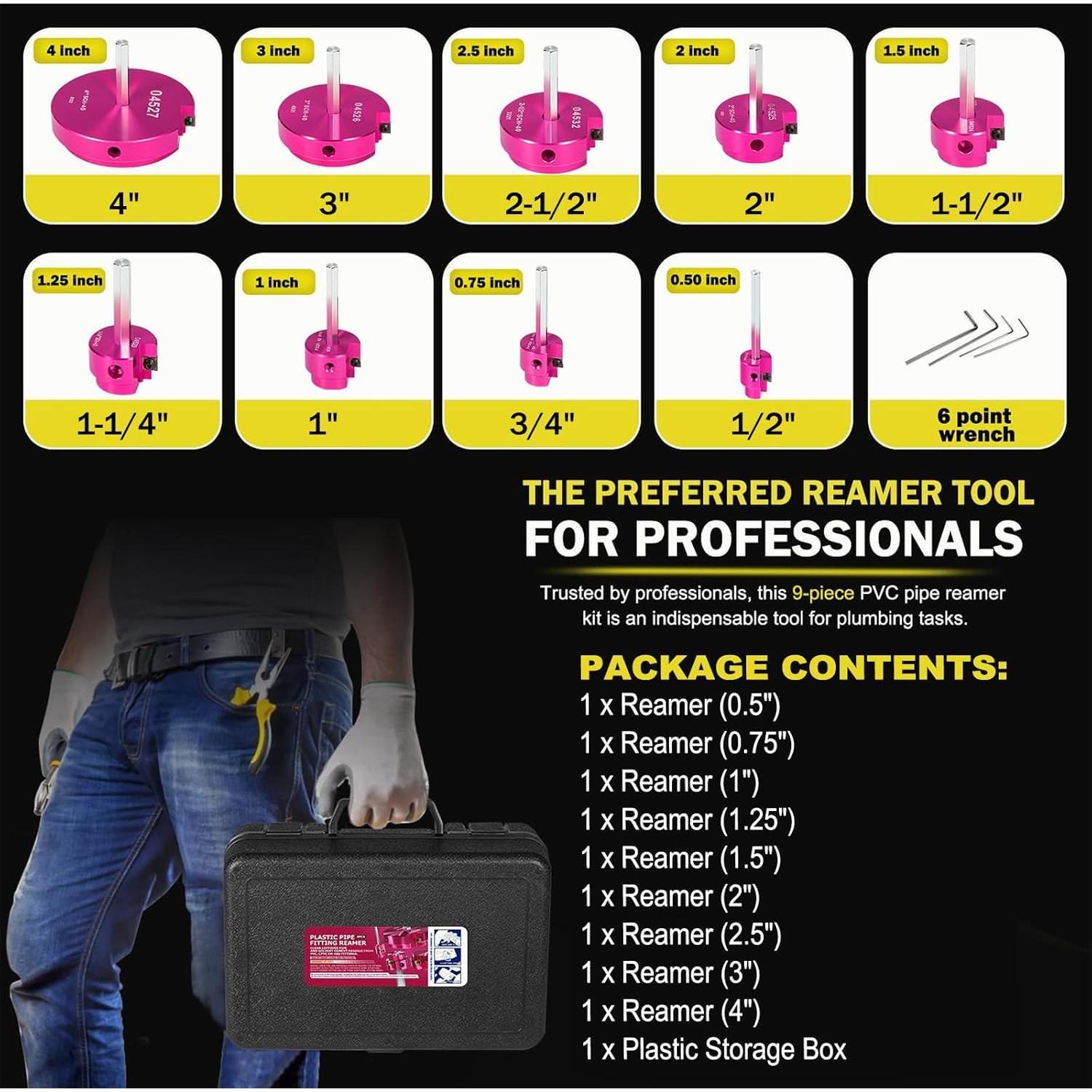 9- PVC Pipe Reamer Kit, Includes Sizes 1/2", 3/4", 1", 1-1/4", 1-1/2", 2", 2-1/2", 3", 4", For Standard 1/2" Drills, Ideal for PVC, CPVC, ABS Pipes, for Plumbing Repairs 9- PVC Pipe Reamer Kit, Includes Sizes 1/2", 3/4", 1", 1-1/4", 1-1/2", 2", 2-1/2", 3", 4", For Standard 1/2" Drills, Ideal for PVC, CPVC, ABS Pipes, for Plumbing Repairs
