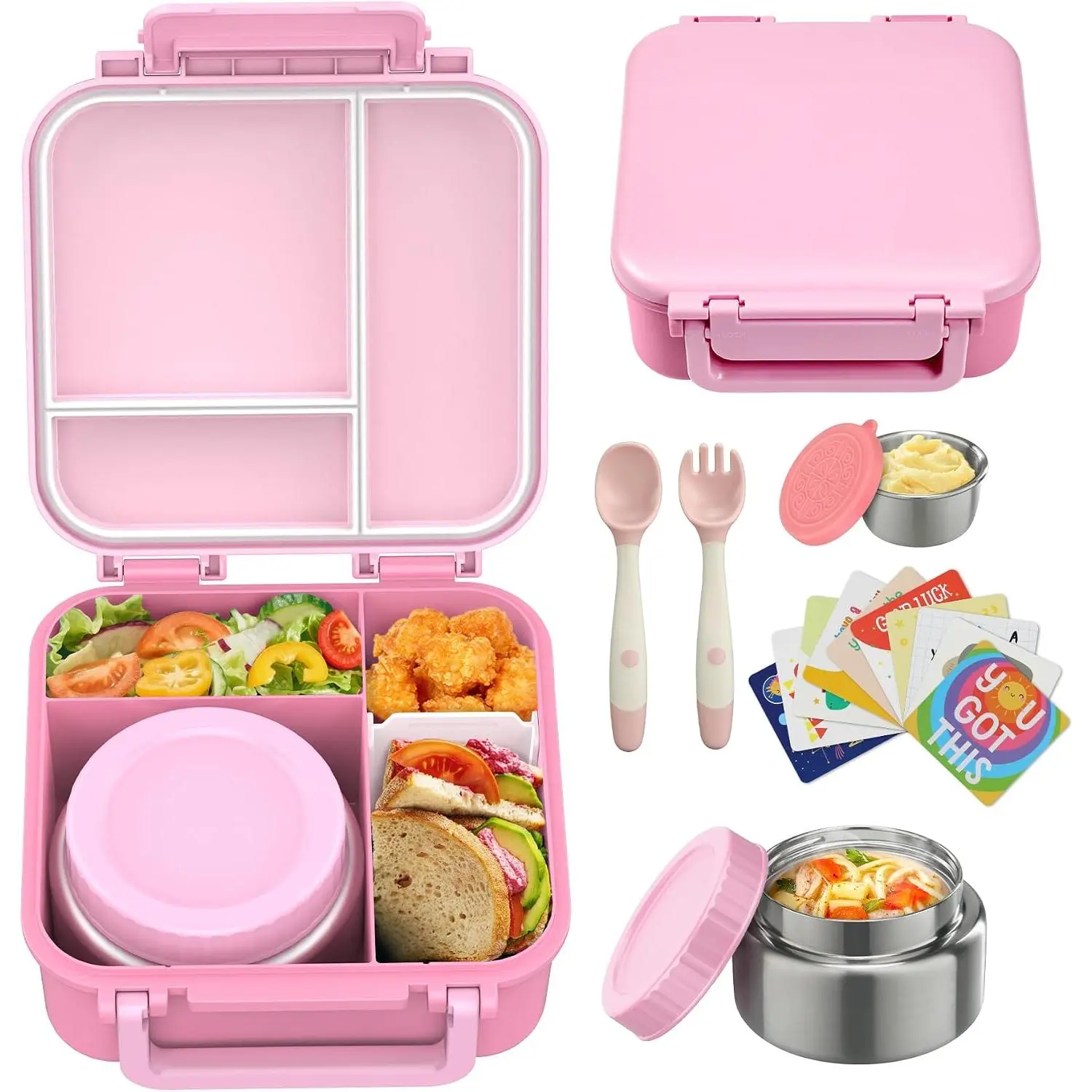 Bento Lunch Box with 9oz Soup Thermo Leakproof Lunch  Containers 4 Compartment with Insulated Hot  Jar for   Girls Boys to School, Trvael