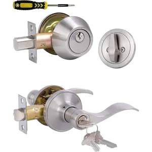 Lanwandeng Keyed Alike Front Door Lever Lockset with Single Cylinder Deadbolt Combination Set, Exterior Door Knob with Lock and Deadbolt, Satin Nickel Finished Door Lock