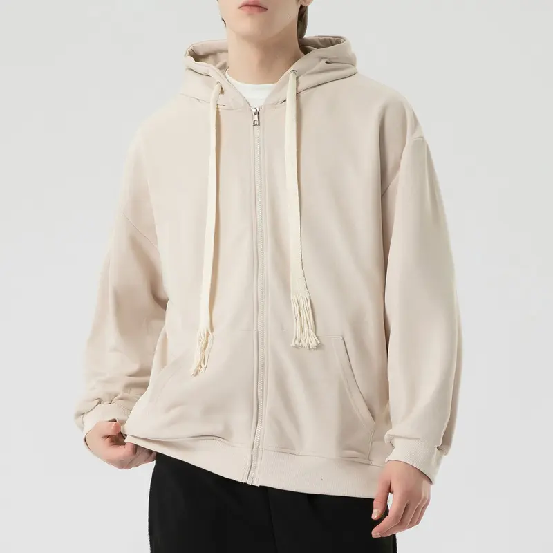 Men Full Zip Hooded Sweatshirt, Fringe Tassel Drawstring Zip Up Hoodie, Classic Kangaroo Pocket Long Sleeve Outerwear for Daily Urban Casual Outfits All Seasons
