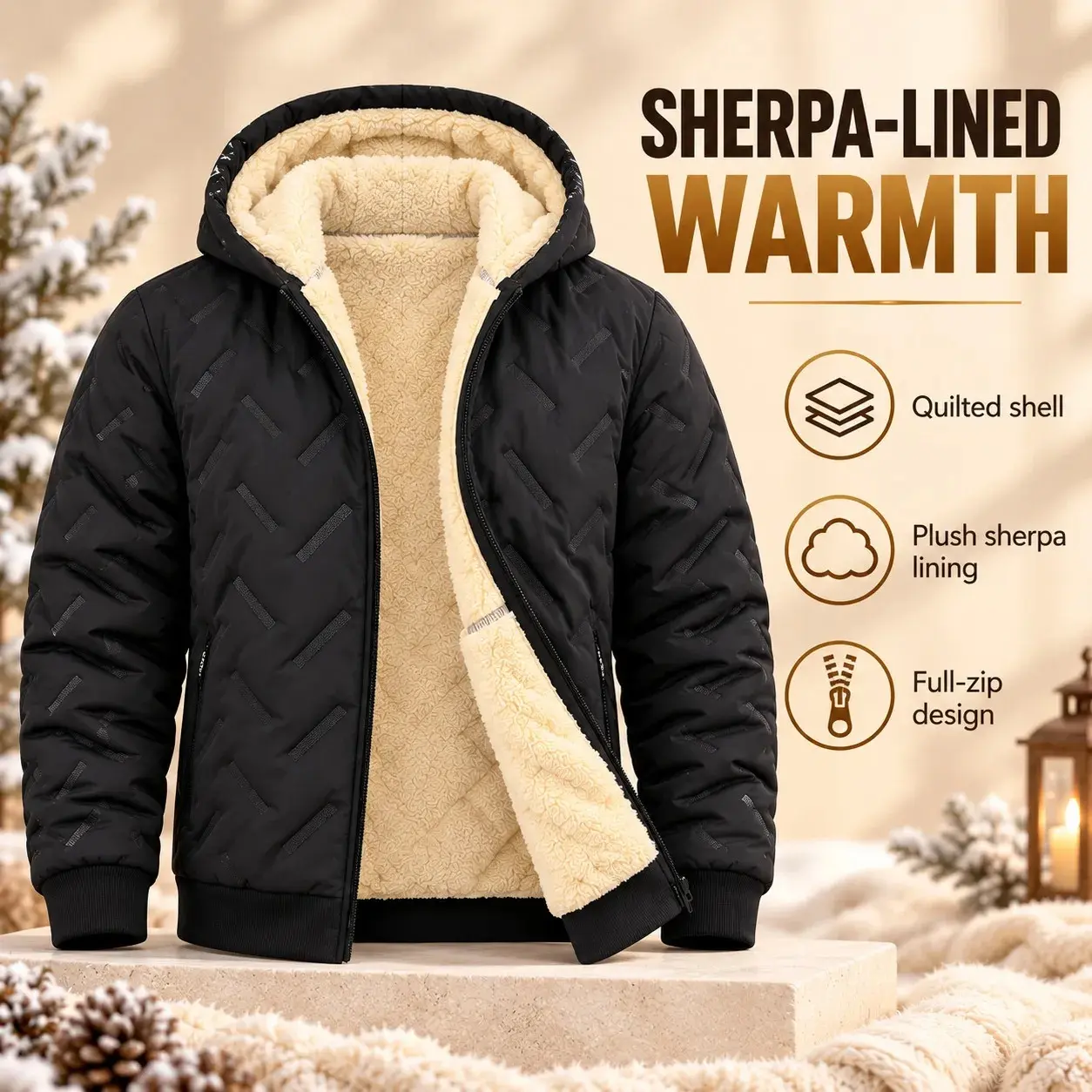 Men's Sherpa-Lined Hooded Quilted Winter Jacket with Full-Zip Front and Pockets Men's Sherpa-Lined Hooded Quilted Winter Jacket with Full-Zip Front and Pockets