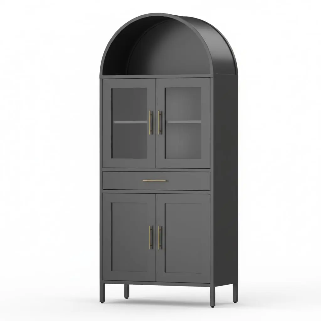 Garvee ﻿73'' Arched Cabinet with Glass Doors, Metal Kitchen Pantry with Storage Drawer & 2 Adjustable Shelves, Modern Display Bookcase for Living Room, Dining Room or Kitchen, Black