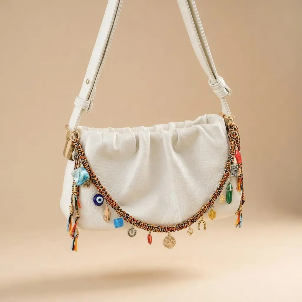 1pc Boho Multicolor Bag Charm Chain, 18.9in Clip-On Braided Purse Accessory with Evil Eye, Heart, Moon, Beads and Tassels