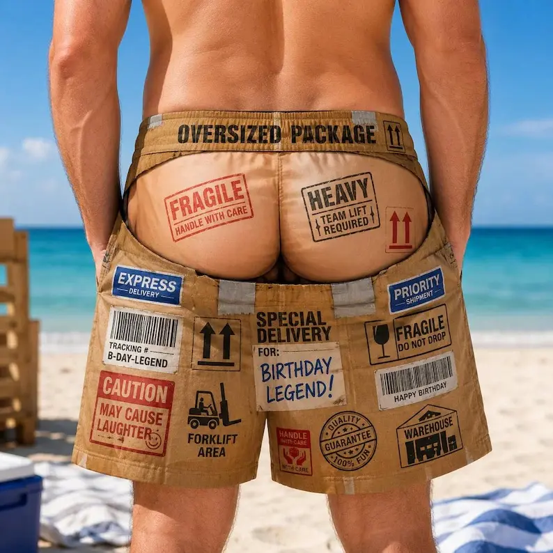 Personalized Funny Oversized Package Double Layer Swim Trunks, Birthday Legend Shipping Label Print Shorts,Funny Oversized Package Birthday Legend Double Layer Quick Dry Beach Swim Trunks # Men's SwimTrunks # FunnySwimShorts