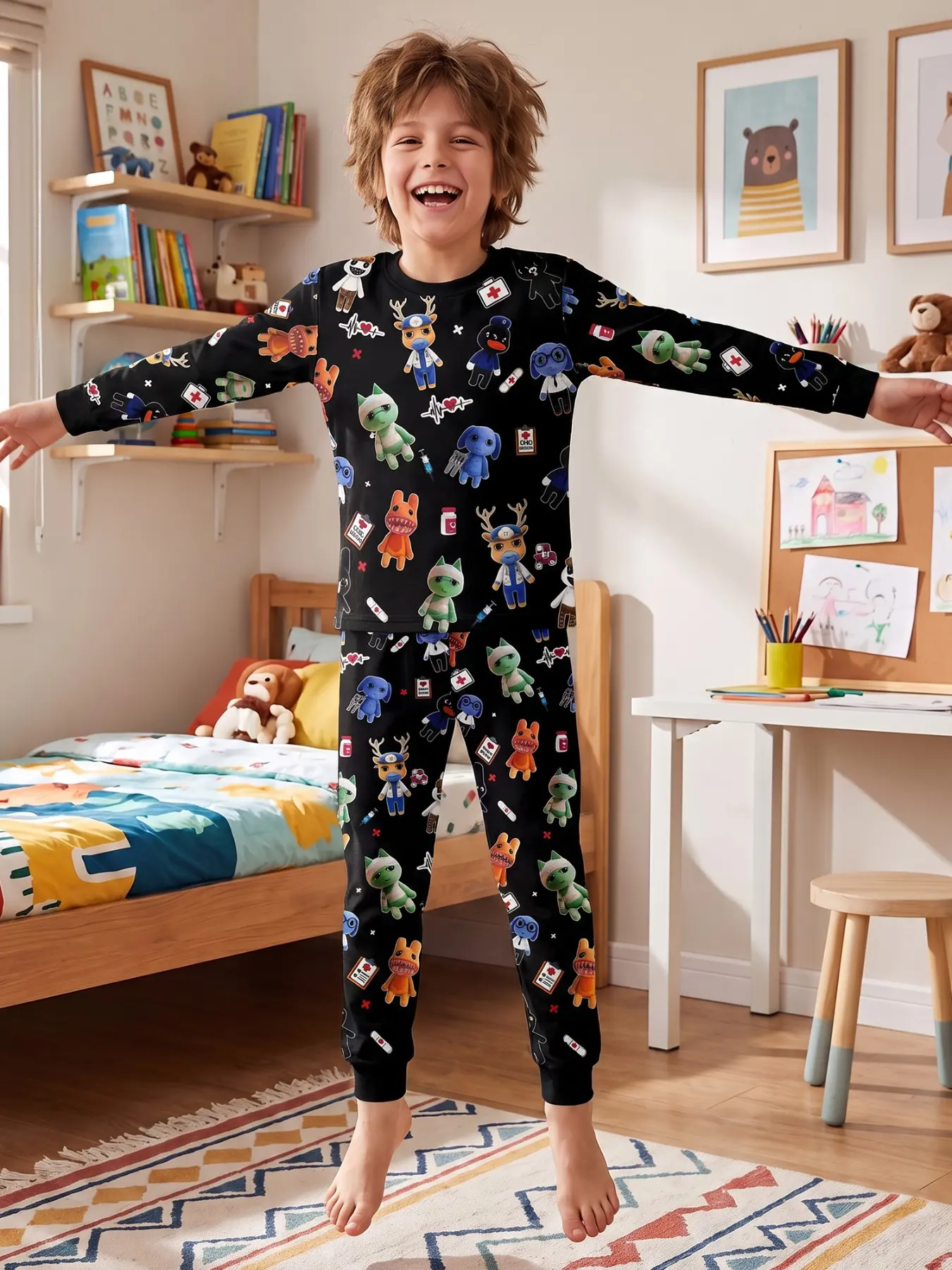 Animal Hospital Pajama Set for Kids, Halloween Candy Cartoon Monster Doctor Boys Girls Long Sleeve Top and Pants, Anime Character Pajamas