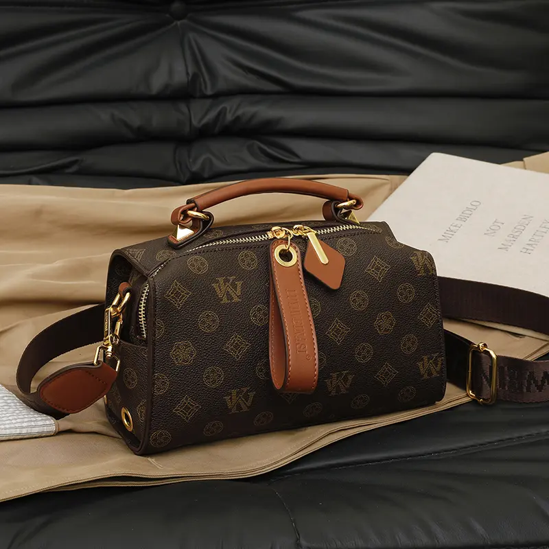 Crossbody Vintage Printed Boston Bag Stylish Handheld & Shoulder Bag Versatile Textured Women's Bag with Gold Accents