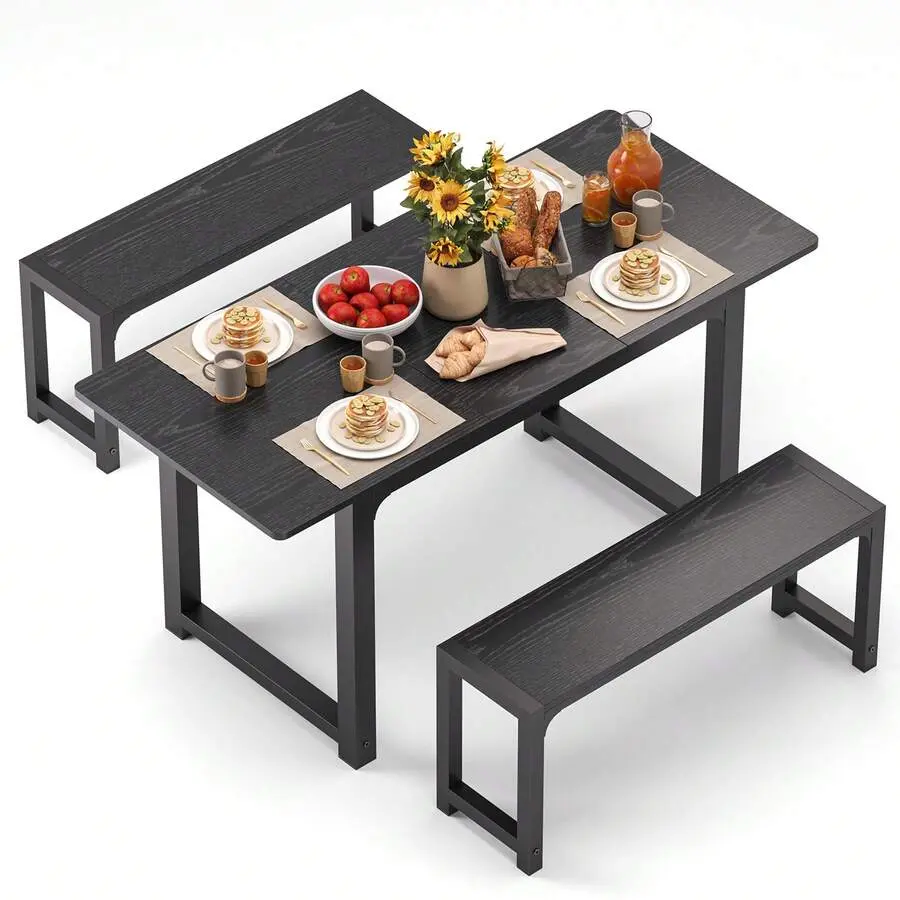 63" Large Extendable Dining Table Set 4-6 With 180° Smart-Flip Pivot, Table Set With Bench, Dining Room Table With Metal Frame & MDF Board, Perfect Small Space, Black