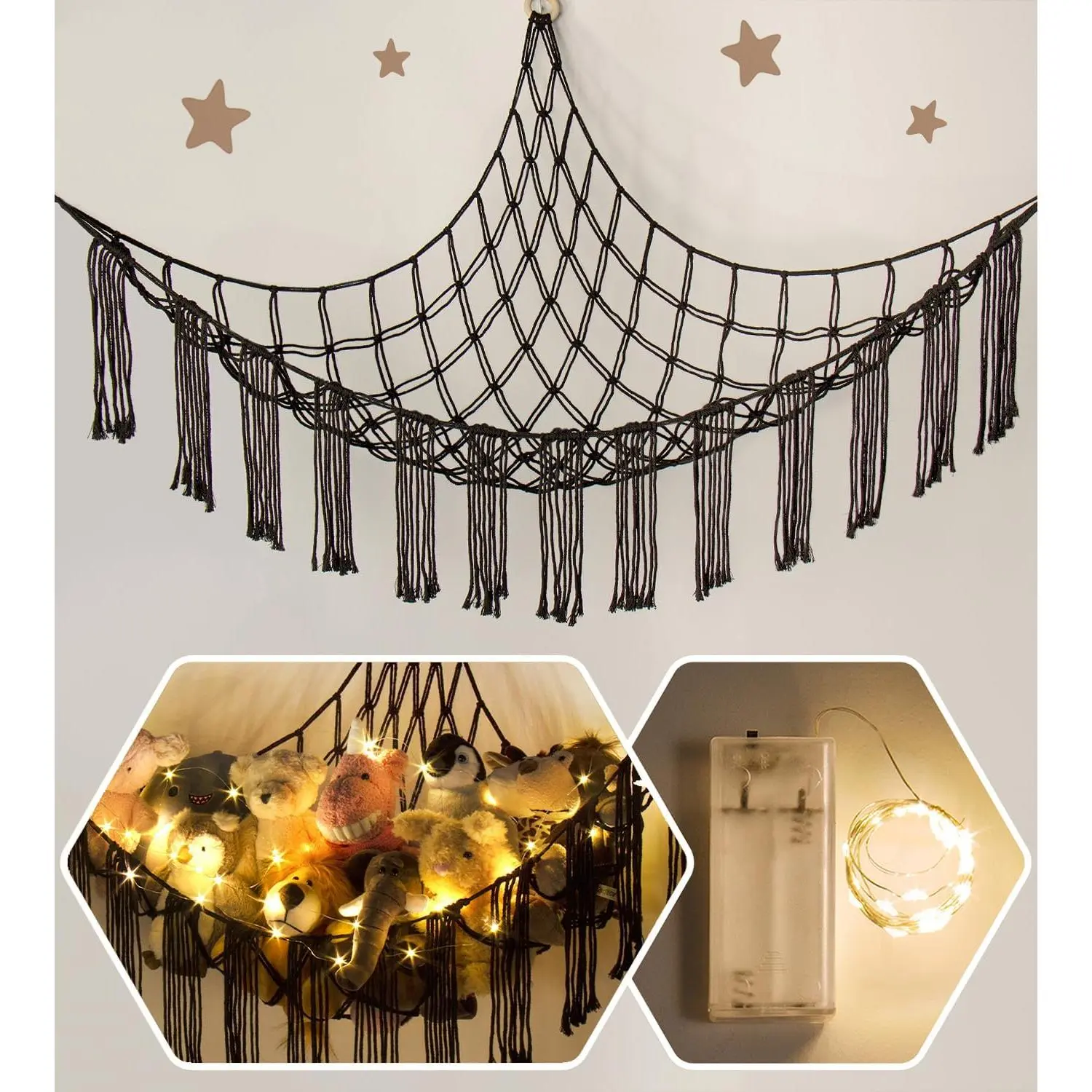 Macrame Stuffed Animal Hammock Corner with LED Light - Black Toy Storage Hammock Plushie Net Organizer Display - Teddy Bear Stuffy Hammocks - Boy Bedroom Decor Cool