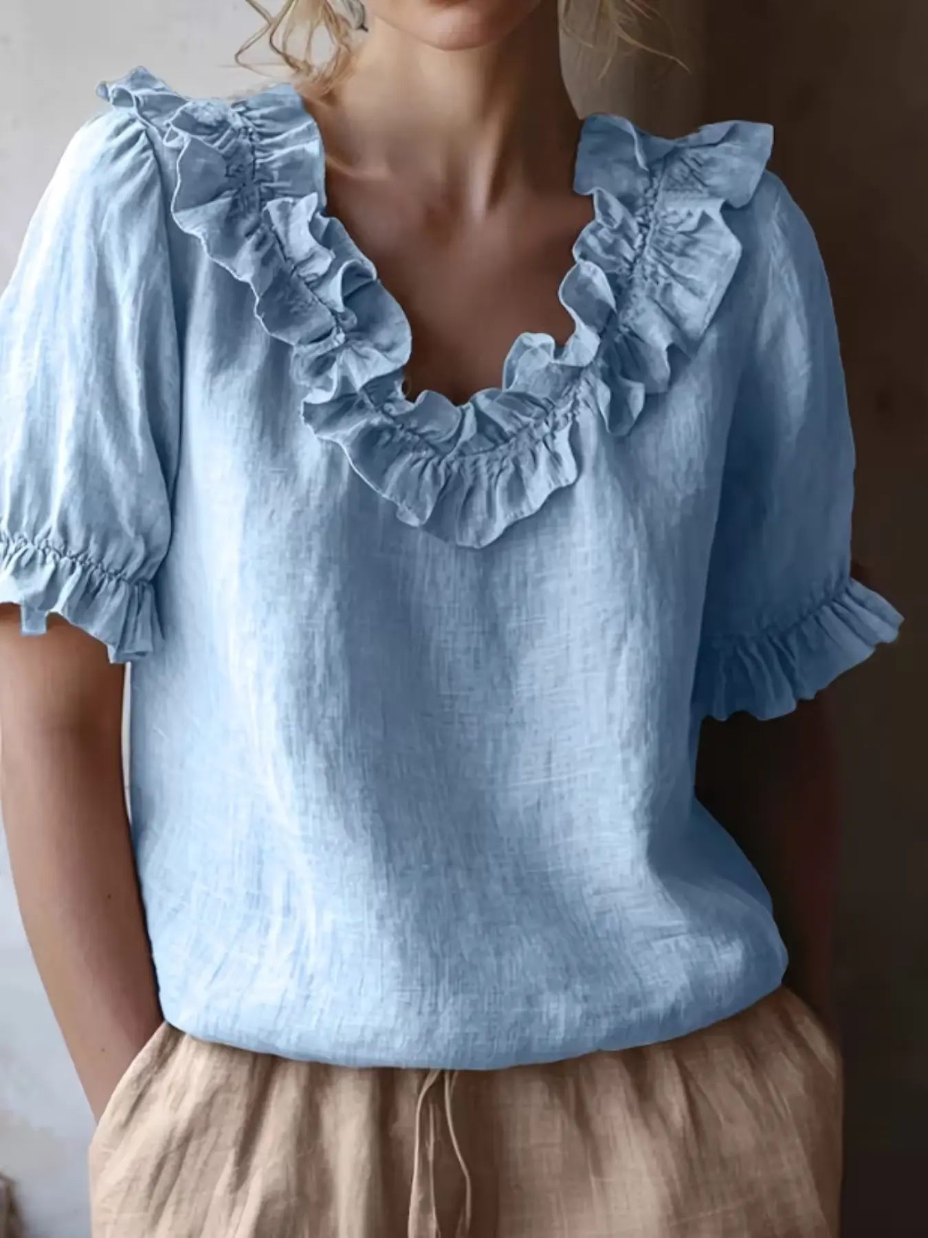 Plus Size Ruffle Shirt, Spring Summer Casual Fashion Ruffled Short Sleeve Top, Sweet V Neck Sexy Blouse, Comfortable and Stylish