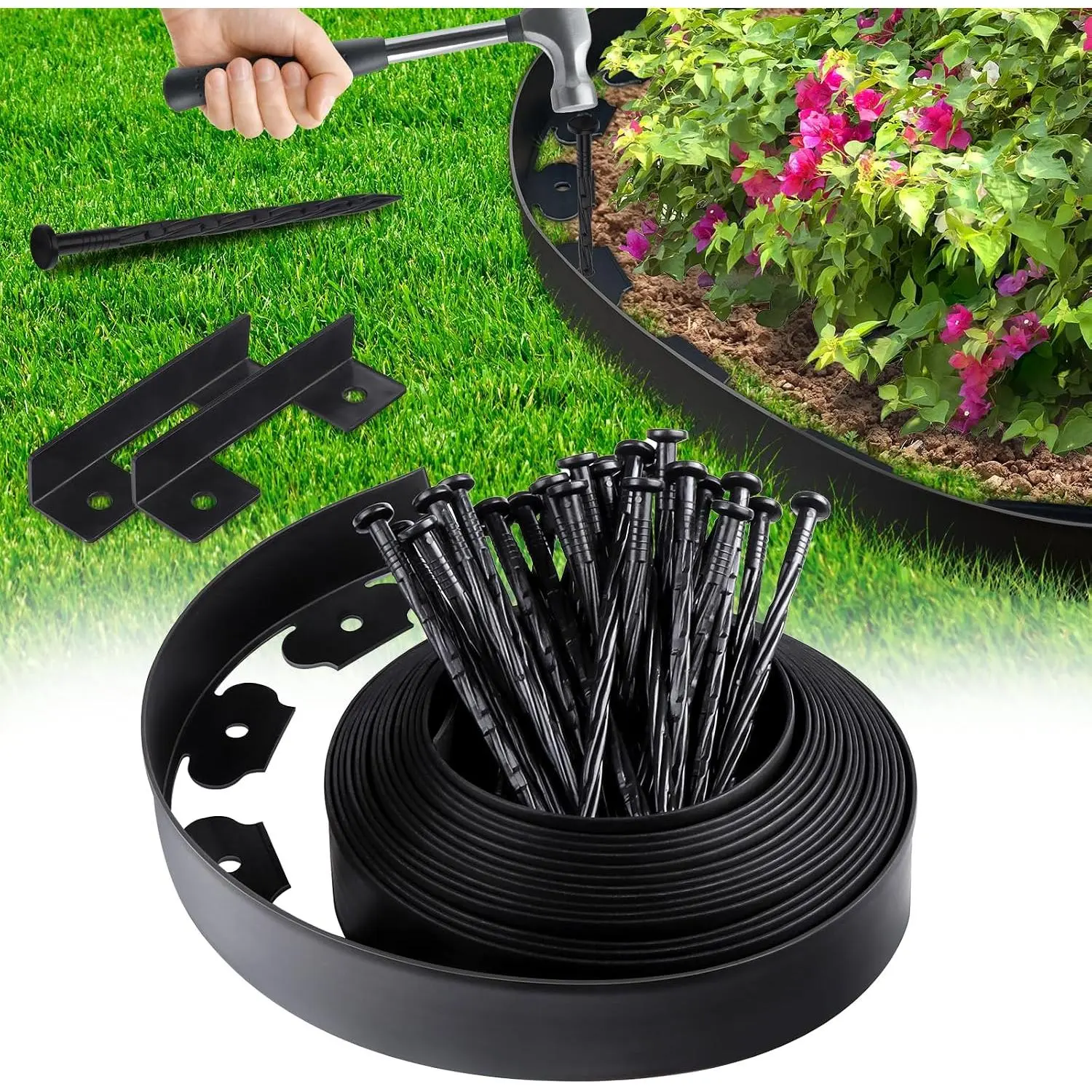 Landscape Edging Border No Dig - 20FT 2IN Tall Garden Edging Border with 20 Stakes, Plastic Garden Fence Lawn Edging Flexible for Landscaping, Flower Beds, Yard, Pathway with Connectors